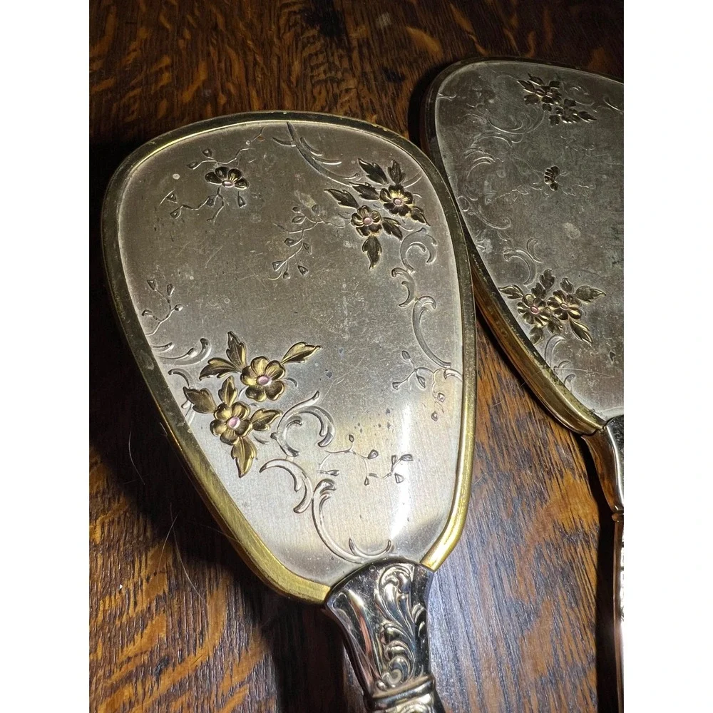 VTG Holywood Regency Floral Silver Gold Tone Hand Mirror & Hair Brush Vanity Set